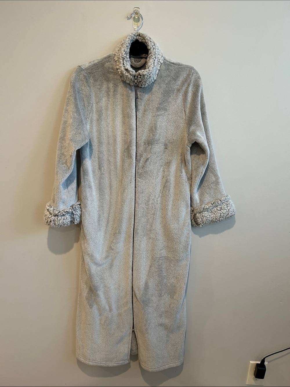 Anne Klein Cozy Light Gray Plush Long Zip Robe with Sherpa Trim